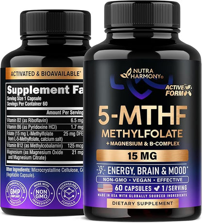 L Methylfolate 15 mg - 5-MTHF Methylfolate Supplement - plus Methyl B12, Vitamins B2 & B6, Magnesium - BioActive Vitamin B9 - Methylation Support, Energy & Brain - Made in USA, 60 Capsules for 2 Month