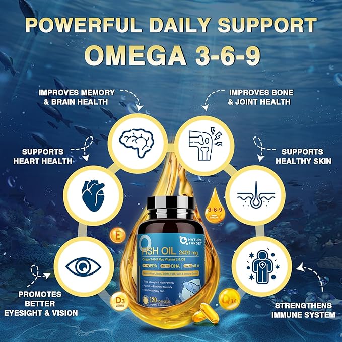 Triple Omega 3 6 9, Fish Oil 2400mg Softgels with Vitamin D3 & E - EPA & DHA & ALA - Supports Heart, Brain, Joint & Immune Health, Sustainably Sourced, Non-GMO