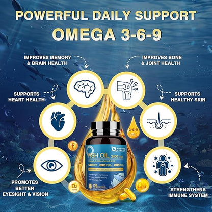 Triple Omega 3 6 9, Fish Oil 2400mg Softgels with Vitamin D3 & E - EPA & DHA & ALA - Supports Heart, Brain, Joint & Immune Health, Sustainably Sourced, Non-GMO