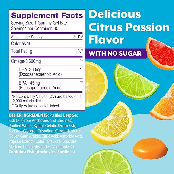 Viactiv Omega 3 Fish Oil Gummies. EPA DHA Supplement for Heart Health and Brain Health, 30 Sugar Free Gummy Vitamins, 1pc Serving