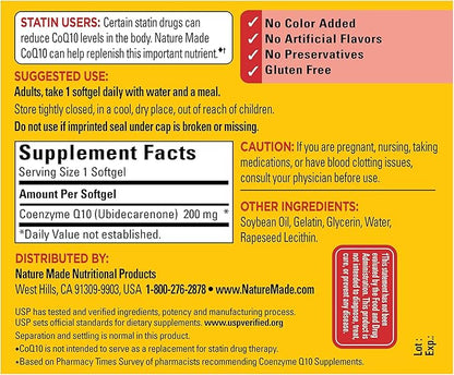 Nature Made CoQ10 200 mg, Dietary Supplement for Heart Health and Cellular Energy Production, 100 Softgels, 100 Day Supply