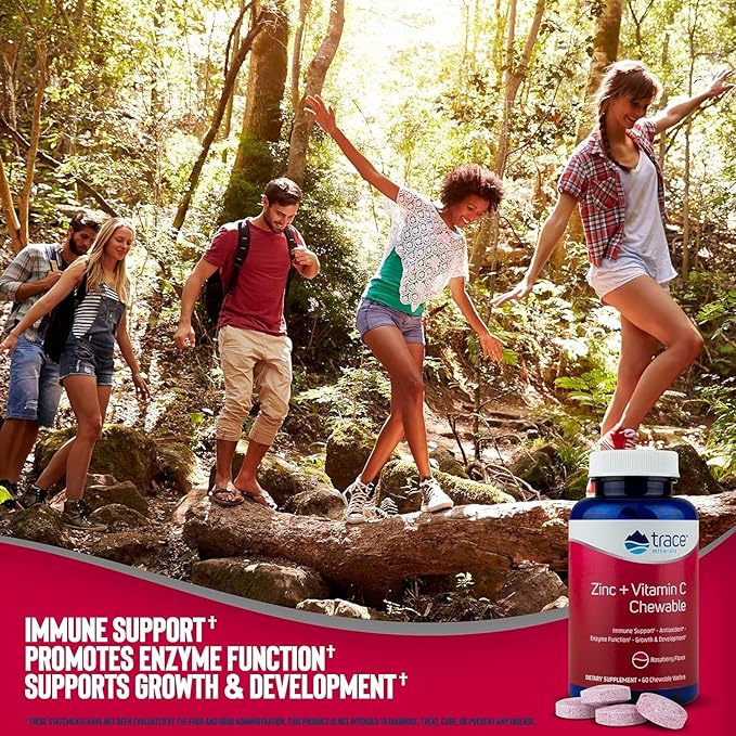 Trace Minerals Zinc Plus Vitamin C - Chewable Multivitamin for Enzyme Function & Healthy Growth Support - Vitamin & Mineral Supplement for Immune Health - Raspberry, 60 Chewable Wafers (60 Servings)