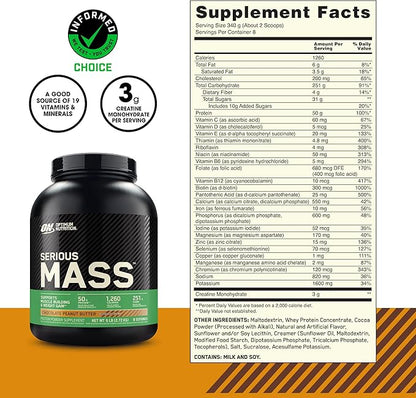 Optimum Nutrition Serious Mass, Weight Gainer Protein Powder, Mass Gainer, Vitamin C and Zinc for Immune Support, Creatine, Chocolate Peanut Butter, 6 Pound (Packaging May Vary)