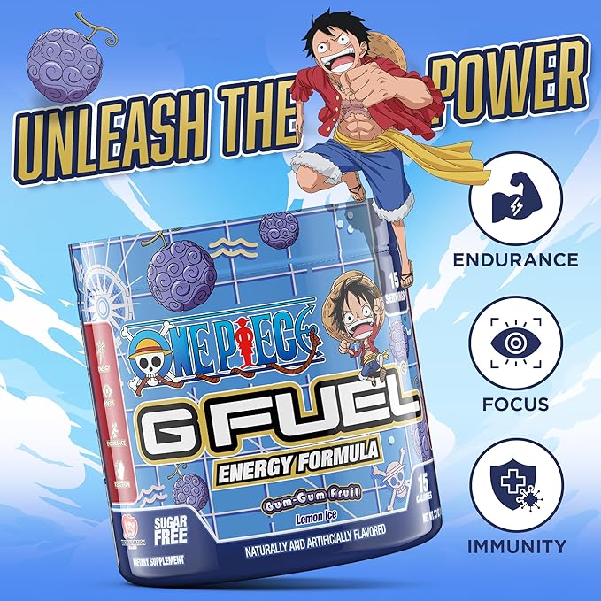 G Fuel ONE Piece Gum-Gum Fruit Energy Drink Powder, Pre Workout Caffeine Powder, Energy Powder Drink Mix for Gaming, Sugar Free Focus Amino, Vitamin + Antioxidants, 3.7oz (Lemon Ice, 15 Servings)