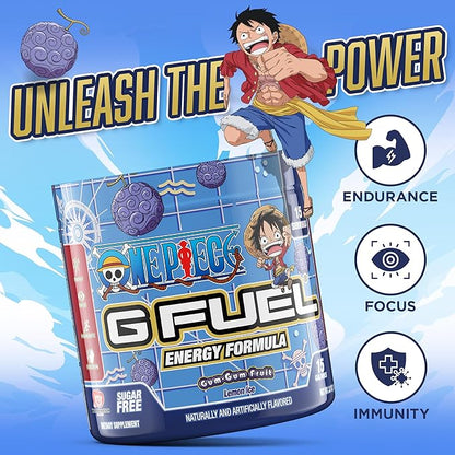 G Fuel ONE Piece Gum-Gum Fruit Energy Drink Powder, Pre Workout Caffeine Powder, Energy Powder Drink Mix for Gaming, Sugar Free Focus Amino, Vitamin + Antioxidants, 3.7oz (Lemon Ice, 15 Servings)