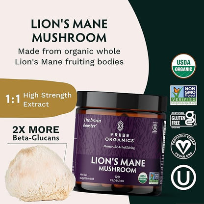 TRIBE ORGANICS Lion’s Mane Supplement 1800mg Mushroom Extract Powder - Immune System Booster & Brain Nootropic for Focus and Memory | Mental Clarity | Natural Energy and Immunity - 120 Vegan Capsules