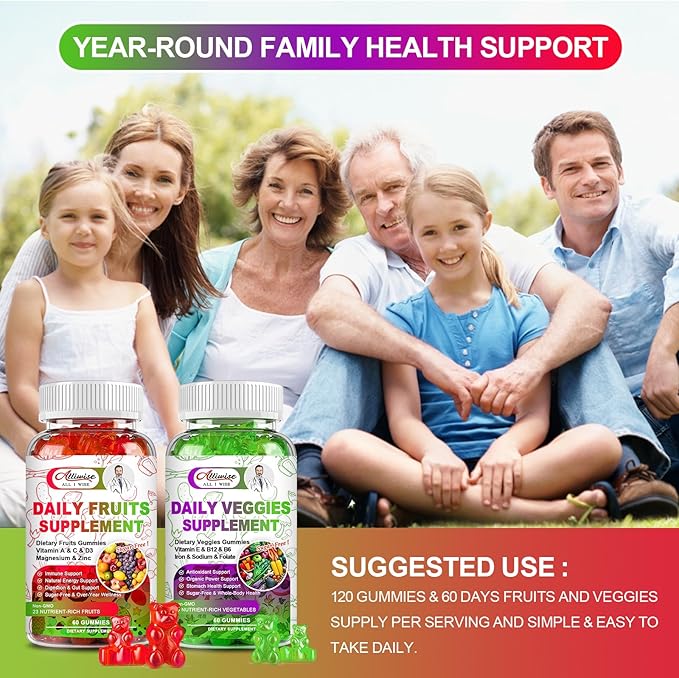 Sugar-Free Fruits and Veggies Gummies Supplement, Multi-Vitamins & Minerals in Gummies, Natural Fruits and Vegetables Supplement, Immunity & Antioxidant & Energy Supplements for Women & Men