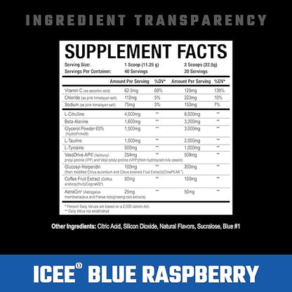 Axe & Sledge Supplements Hydraulic Stimulant-Free Pump Pre-Workout Powder, 40 Servings, (Pack of 1) (ICEE Blue Raspberry V2)