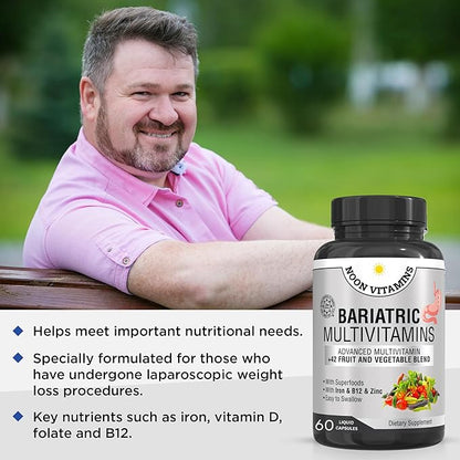 Bariatric Multivitamin with Iron for Women & Men - All-in-One 42 Superfood Blend for Energy & Immune Support - Post-Surgery Recovery, Easy-to-Swallow, Halal, Made in USA (60 Capsules)