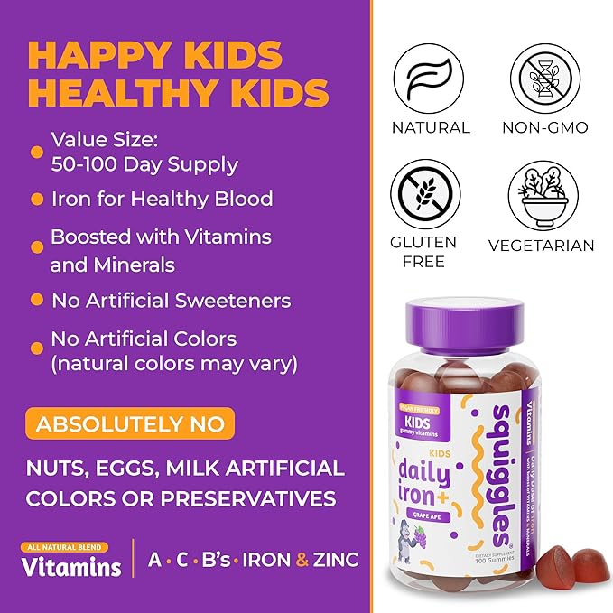 Squiggles Kids Daily Iron+ Gummies, Gummy Vitamin with Iron and Low Sugar, Boost of Vitamins, Minerals and Iron, Vegan Supplement, Chewy Yummy Gummies, Grape Flavor, 100 Gummies