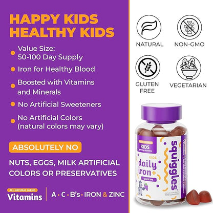 Squiggles Kids Daily Iron+ Gummies, Gummy Vitamin with Iron and Low Sugar, Boost of Vitamins, Minerals and Iron, Vegan Supplement, Chewy Yummy Gummies, Grape Flavor, 100 Gummies