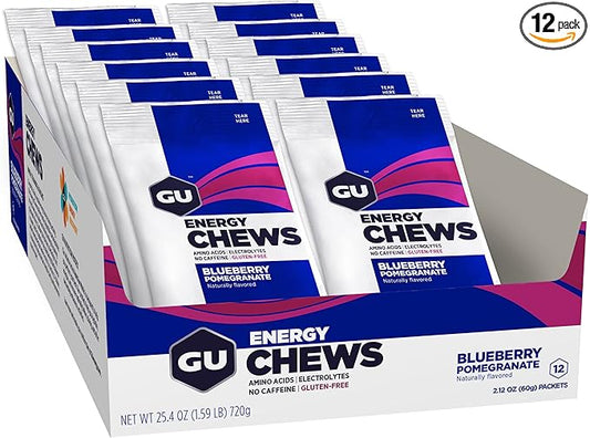 GU Energy Chews, Blueberry Pomegranate Energy Gummies with Electrolytes, Vegan, Gluten-Free, Kosher, and Dairy-Free On-The-Go Energy for Any Workout, 12 Bags (24 Servings Total)