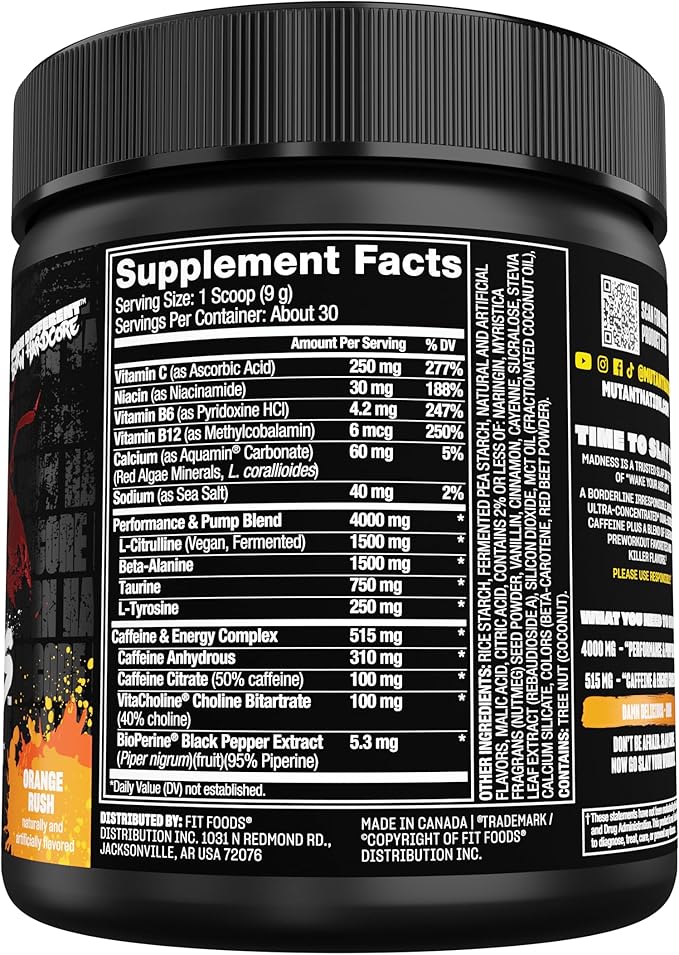 Mutant Madness | Pre Workout Powder Supplement Performance and Pump Blend Includes L-Citrulline, Beta-Alanine, Taurine, L-Tyrosine | 30 Serving |Orange Rush