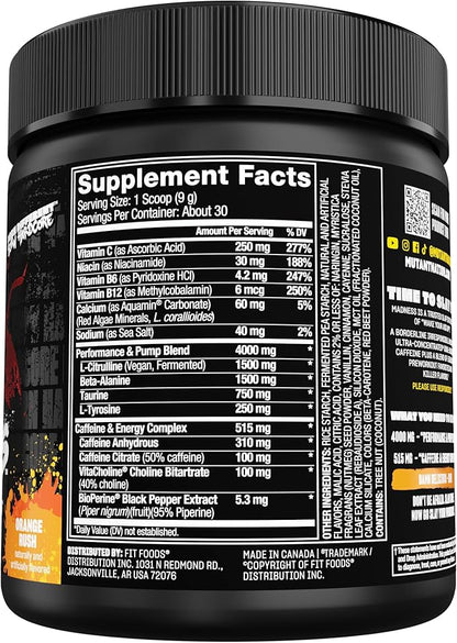 Mutant Madness | Pre Workout Powder Supplement Performance and Pump Blend Includes L-Citrulline, Beta-Alanine, Taurine, L-Tyrosine | 30 Serving |Orange Rush