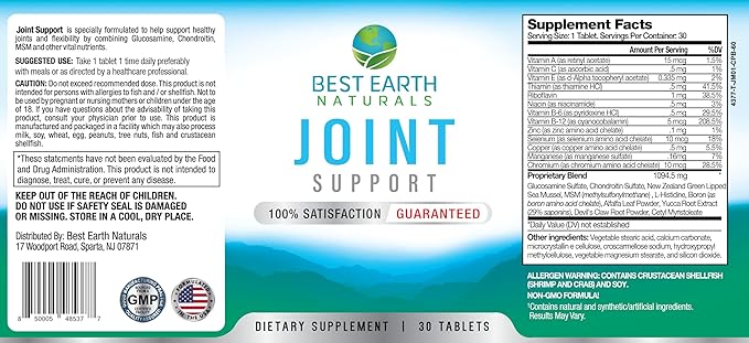 Best Earth Naturals Joint Support- Glucosamine, Chondroitin, MSM & Special Vitamins & Nutrients for Back, Hip & Joint Support - Joint Supplement for Joints, Muscle & Flexibility 30 Day Supply