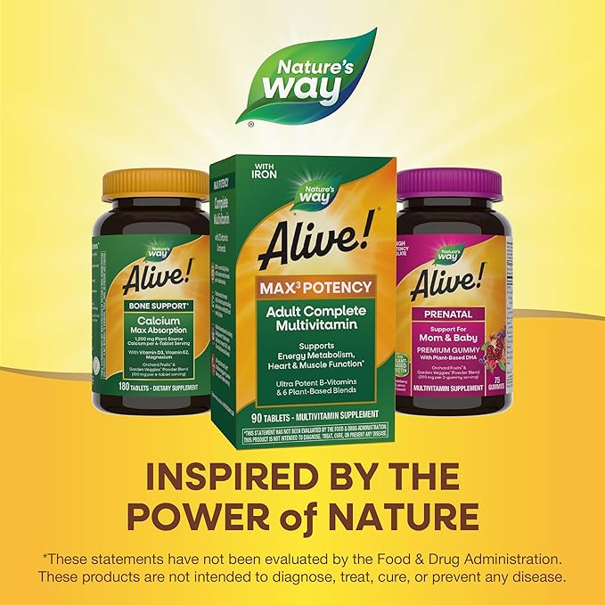 Nature's Way Alive! Max3 Potency Multivitamin, Ultra Potency B-vitamins to Support Energy Metabolism*, with Methylated B12 and Folate, 90 Tablets (Packaging May Vary)