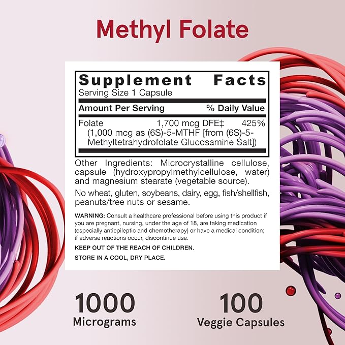 Jarrow Formulas® Methyl Folate 1000 mcg, Dietary Supplement, Methyl Folate for Cellular Energy Support, 100 Veggie Capsules, 100 Day Supply