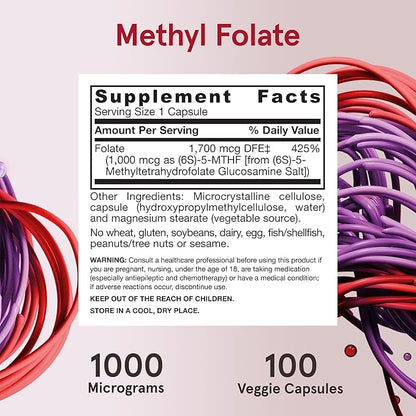 Jarrow Formulas® Methyl Folate 1000 mcg, Dietary Supplement, Methyl Folate for Cellular Energy Support, 100 Veggie Capsules, 100 Day Supply
