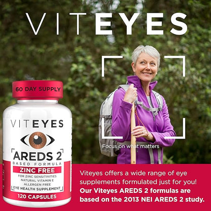 Viteyes AREDS 2 Zinc Free Macular Support, Natural Allergen Free Capsules with Vitamin E, Vitamin C, Lutein & Zeaxanthin, No Zinc, No Copper, Eye Doctor Trusted, Manufactured in The USA, 120 Ct