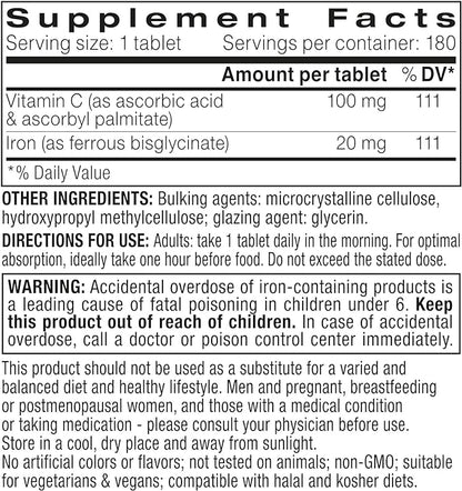 High Absorption Chelated Iron Bisglycinate 20mg with Vitamin C, 6 Month Supply, Iron, Gentle Formula, Clean Label & Targeted Release, for Women and Men, One Daily, Vegan, 180 Tablets, by Igennus