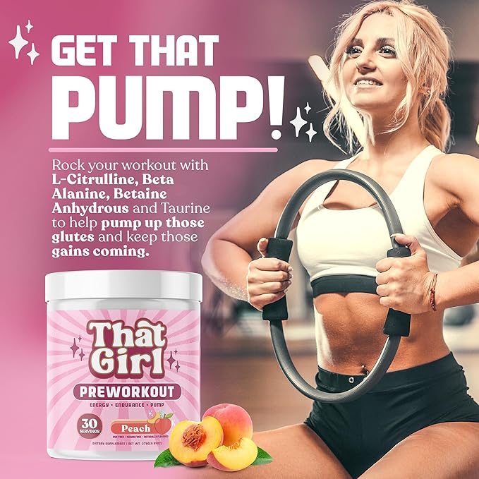 That Girl Pre Workout for Women - Slay Your Gym Sesh with Pure Fire Energy & Mega Pumps - 100% Natural & Clean - Delish Peach Flavor - 30 Servings