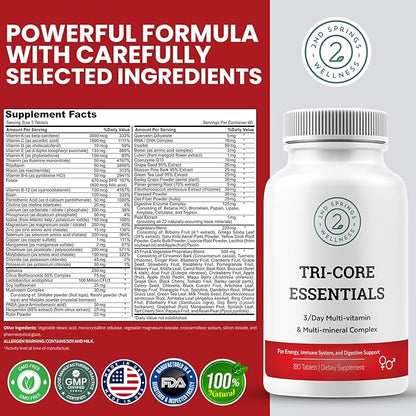 Tri-Core Essentials - 3 A Day Comprehensive Multivitamin Multimineral Complex with Probiotics, Prebiotics, Digestive Enzymes, Mushrooms, Adaptogens, and 45 Fruits and Vegetables - 180 Tablets