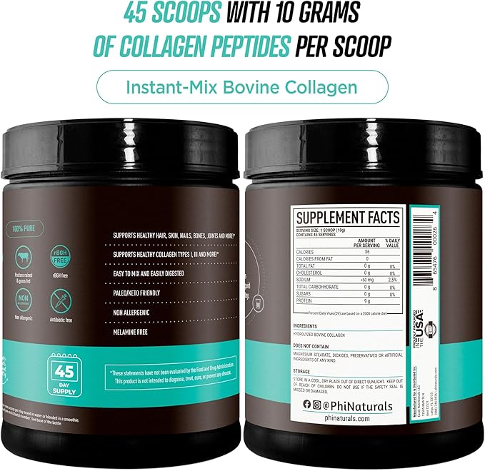 PhiNaturals Hydrolyzed Collagen Peptides Powder (unflavored) for Women and for Men - Grass Fed Bovine Beef Collagen