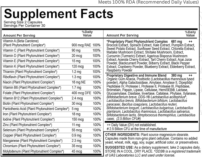 Daily Naturalceutical 100% RDA of 21 Vitamins & Minerals from Fruits & Vegetables + PreBiotics, Postbiotics, & Enzymes | Plant Based Immunity - Daily Multivitamin