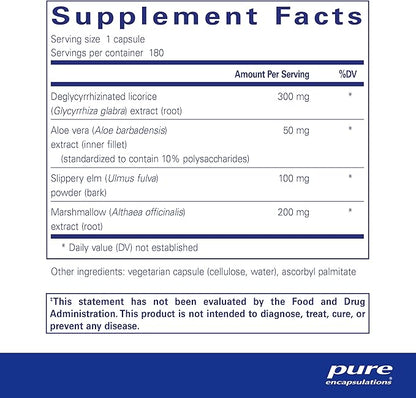 Pure Encapsulations DGL Plus - Gut Health Supplements for Men & Women - with Marshmallow Root, Aloe Vera Extract & Slippery Elm Bark - Non-GMO & Vegan - 180 Capsules