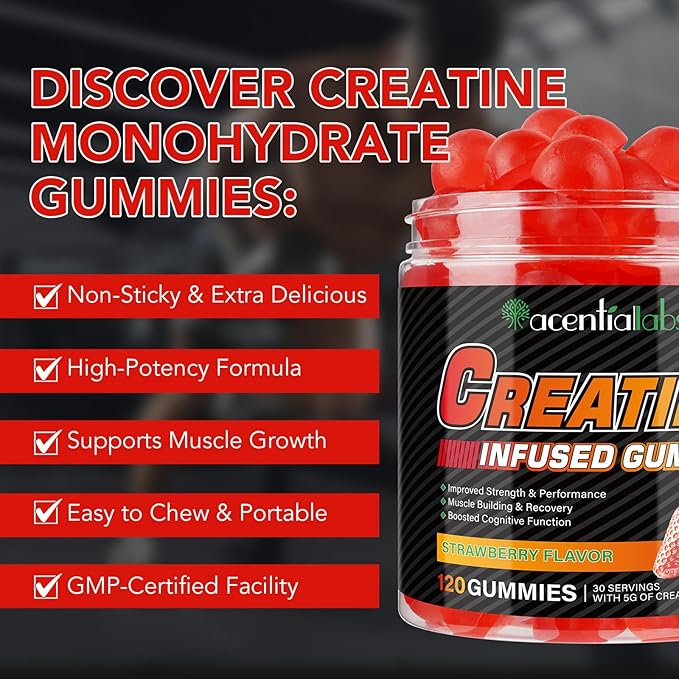 Creatine Monohydrate Gummies for Men & Women - 5g per Serving, Low Sugar Creatine Monohydrate Gummies - Increase Strength, Muscle Gain, Recovery, Endurance - Vegan, Gluten-Free,Strawberry (120 Count)