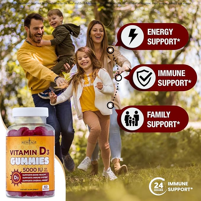 NEW AGE Vitamin D3 5000 IU 125mcg Gummies - Support Immune Support, Strong Bone Health - Non-GMO, Gluten-Free, Dairy-Free, No Gelatin (180 Gummies (Pack of 3))
