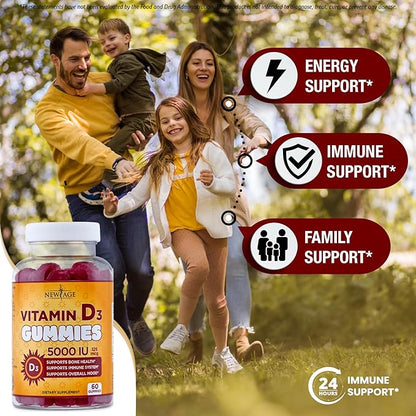 NEW AGE Vitamin D3 5000 IU 125mcg Gummies - Support Immune Support, Strong Bone Health - Non-GMO, Gluten-Free, Dairy-Free, No Gelatin (180 Gummies (Pack of 3))