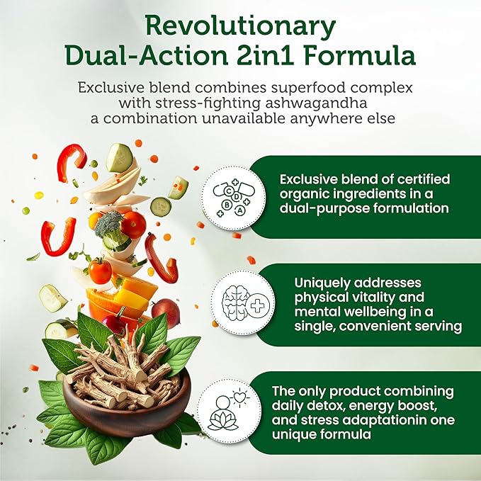Organic Superfood Greens Fruits and Veggies Complex with Ashwagandha - 2 in 1 Supplement with 14 Greens and 14 Fruits & Vegetables with Organic Ashwagandha Rich in Antioxidants - Non-GMO 90 Tablets