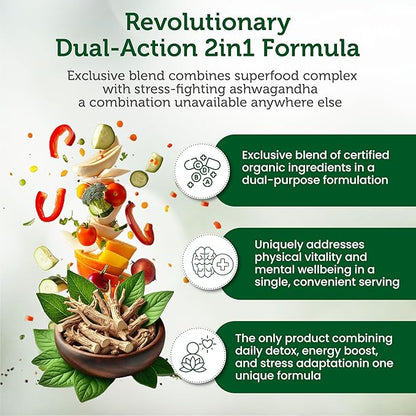 Organic Superfood Greens Fruits and Veggies Complex with Ashwagandha - 2 in 1 Supplement with 14 Greens and 14 Fruits & Vegetables with Organic Ashwagandha Rich in Antioxidants - Non-GMO 90 Tablets