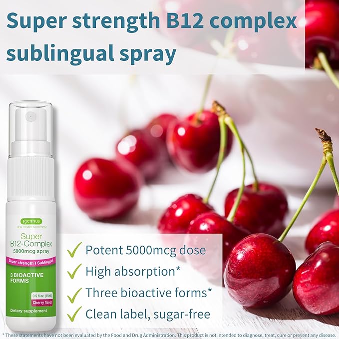 Super B12-Complex 5000mcg, Sublingual Spray, Methylated Vitamin B12, High Strength Methylcobalamin, Adenosylcobalamin & Hydroxocobalamin, Natural Cherry Flavor, 45 Servings, Vegan, by Igennus