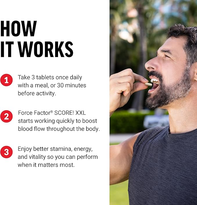 FORCE FACTOR Score! XXL Nitric Oxide Booster Supplement for Men with L-Citrulline, Horny Goat Weed, Black Maca, & Tribulus Terrestris to Increase Stamina, Energy, and Physical Performance, 60 Tablets
