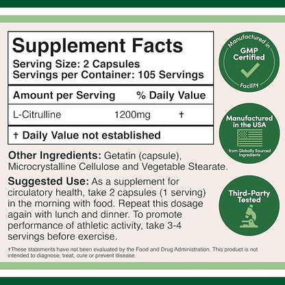 L Citrulline Capsules 1,200mg Per Serving, 210 Count (L-Citrulline Increases Levels of L-Arginine, Acts as a Nitric Oxide Booster) Muscle Recovery Supplement to Improve Muscle Pump by Double Wood