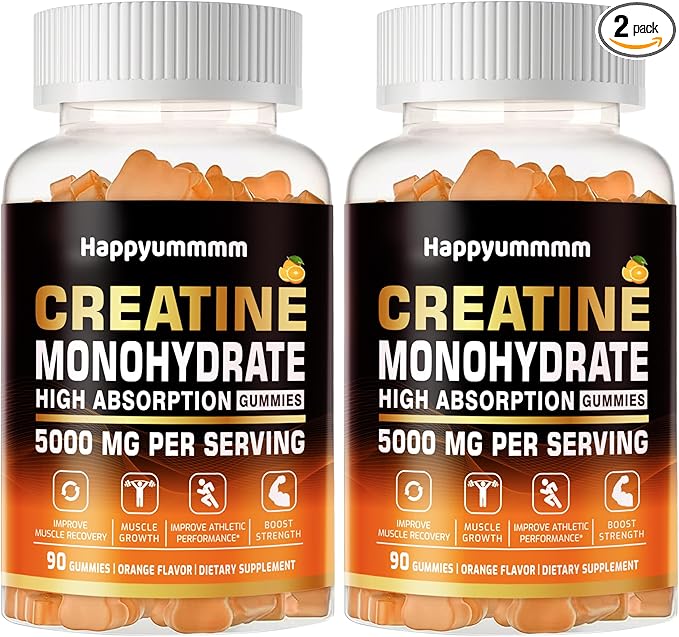 Creatine Monohydrate Gummies 5g for Men Women - Sugar Free Chewable Supplement. 180 Gummies Orange.