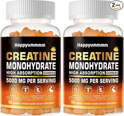 Creatine Monohydrate Gummies 5g for Men Women - Sugar Free Chewable Supplement. 180 Gummies Orange.