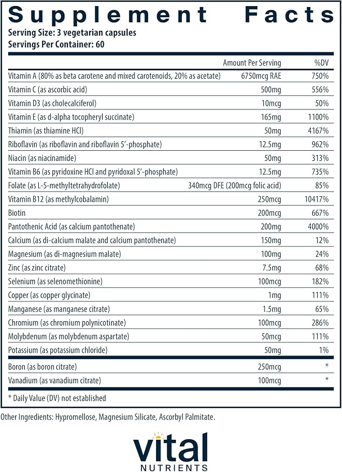 Vital Nutrients Multi-Nutrients with No Iron or Iodine | Comprehensive Vegetarian Daily Multivitamin and Mineral Formula with Potent Antioxidants* | Gluten, Dairy and Soy Free | 180 Capsules