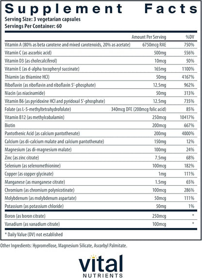 Vital Nutrients Multi-Nutrients with No Iron or Iodine | Comprehensive Vegetarian Daily Multivitamin and Mineral Formula with Potent Antioxidants* | Gluten, Dairy and Soy Free | 180 Capsules