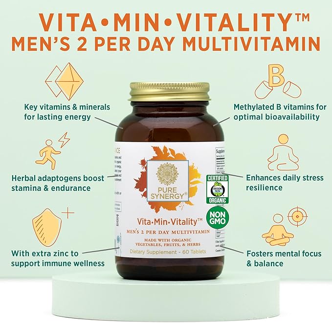 PURE SYNERGY Vita·Min·Vitality | Natural Multivitamin for Men | Men’s Daily Multivitamin Made with Organic Whole Foods | for Energy, Stress, and Immune Support (60 Tablets)