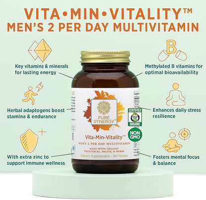 PURE SYNERGY Vita·Min·Vitality | Natural Multivitamin for Men | Men’s Daily Multivitamin Made with Organic Whole Foods | for Energy, Stress, and Immune Support (60 Tablets)