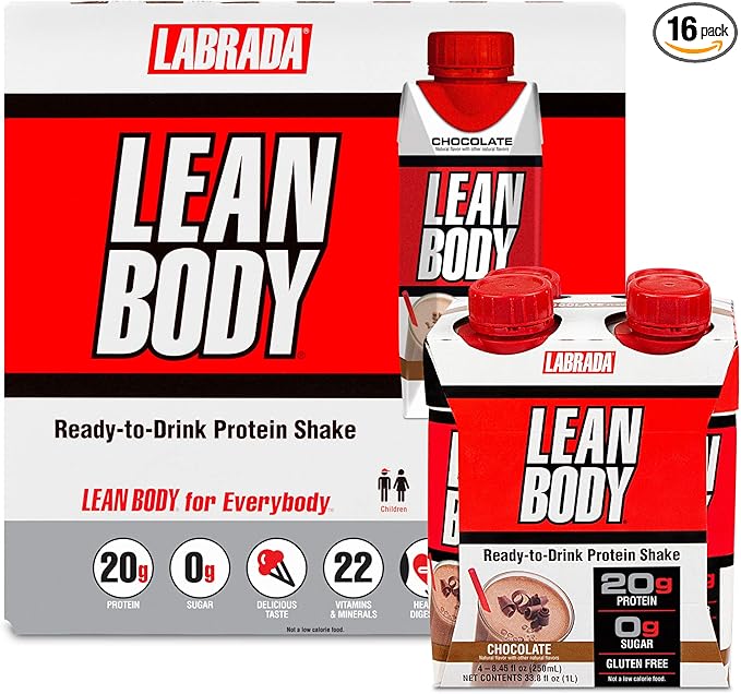 LABRADA NUTRITION - Lean Body RTD Whey Protein Shake, Convenient On-The-Go Meal Replacement Shake for Men & Women, 20 grams of Protein – Zero Sugar, Lactose & Gluten Free, Chocolate (Pack of 16)