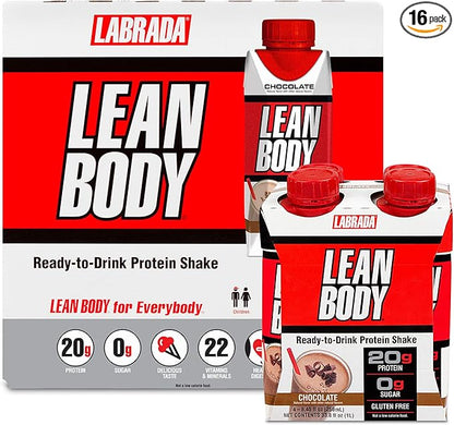 LABRADA NUTRITION - Lean Body RTD Whey Protein Shake, Convenient On-The-Go Meal Replacement Shake for Men & Women, 20 grams of Protein – Zero Sugar, Lactose & Gluten Free, Chocolate (Pack of 16)