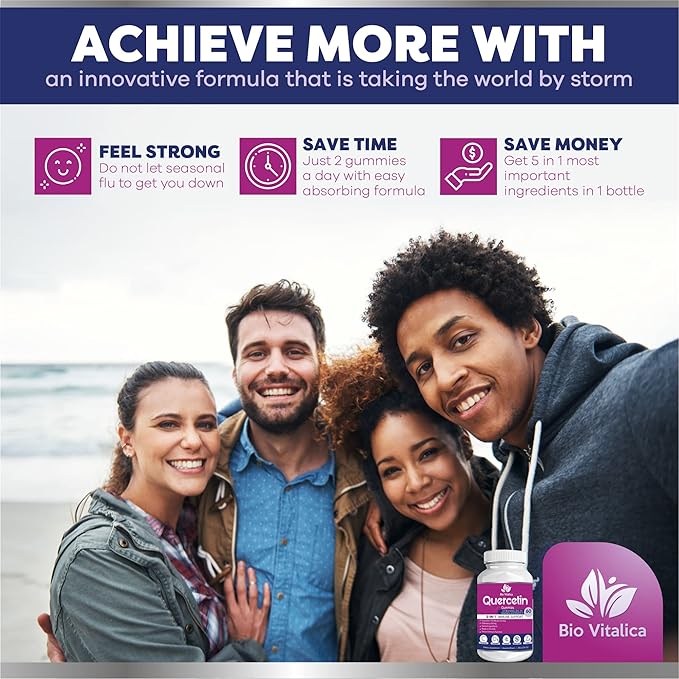 BIO VITALICA Quercetin Gummies by BioVitalica - Quercetin with Bromelain Vitamin C and Zinc & Elderberry + Vitamin D3-5 in 1 Immune Support - Zinc Quercetin 750 mg for Kids and Adult (6, Quercetin)