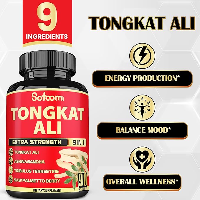 Satoomi Tongkat Ali Root Extract 200 for Men with 9 Herbs Ashwagandha, Tribulus Terrestris & More - Strength, Mind, and Immune Support - 90 Capsules - 3 Month Supply
