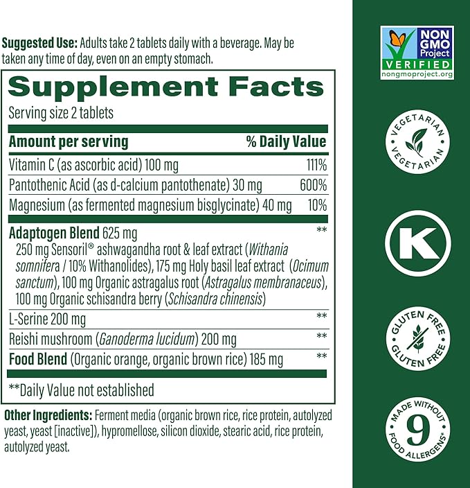 MegaFood Adrenal Strength - Sensoril Ashwagandha, Vitamin C, Fermented Magnesium Glycinate, Rhodiola Rosea, Reishi Mushroom & Food Blend - Supports a Normal Stress Response - 60 Tabs (30 Servings)