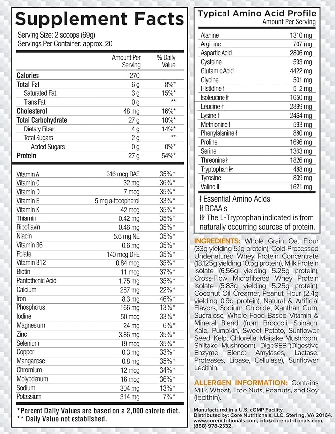Core Nutritionals Platinum MRP Full Spectrum Meal Replacement, Sustained Release for All Day Amino Acid Support, 27G Protein, 20 Servings (Peanut Butter Oatmeal Cookie)