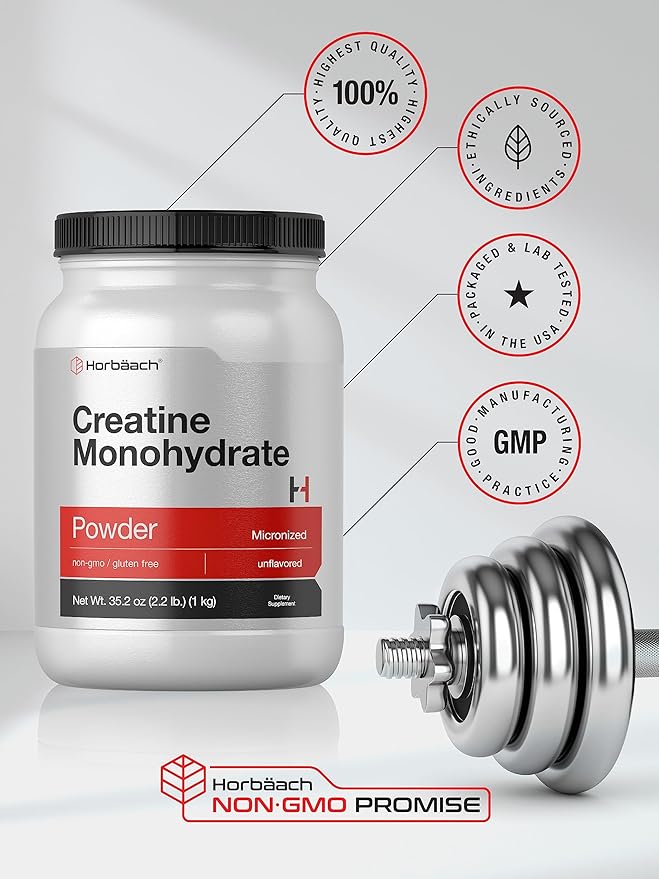 Horbäach Creatine Monohydrate Powder | 2.2lbs (35.2 oz) | Micronized and Unflavored | Vegetarian, Non-GMO, and Gluten Free Supplement